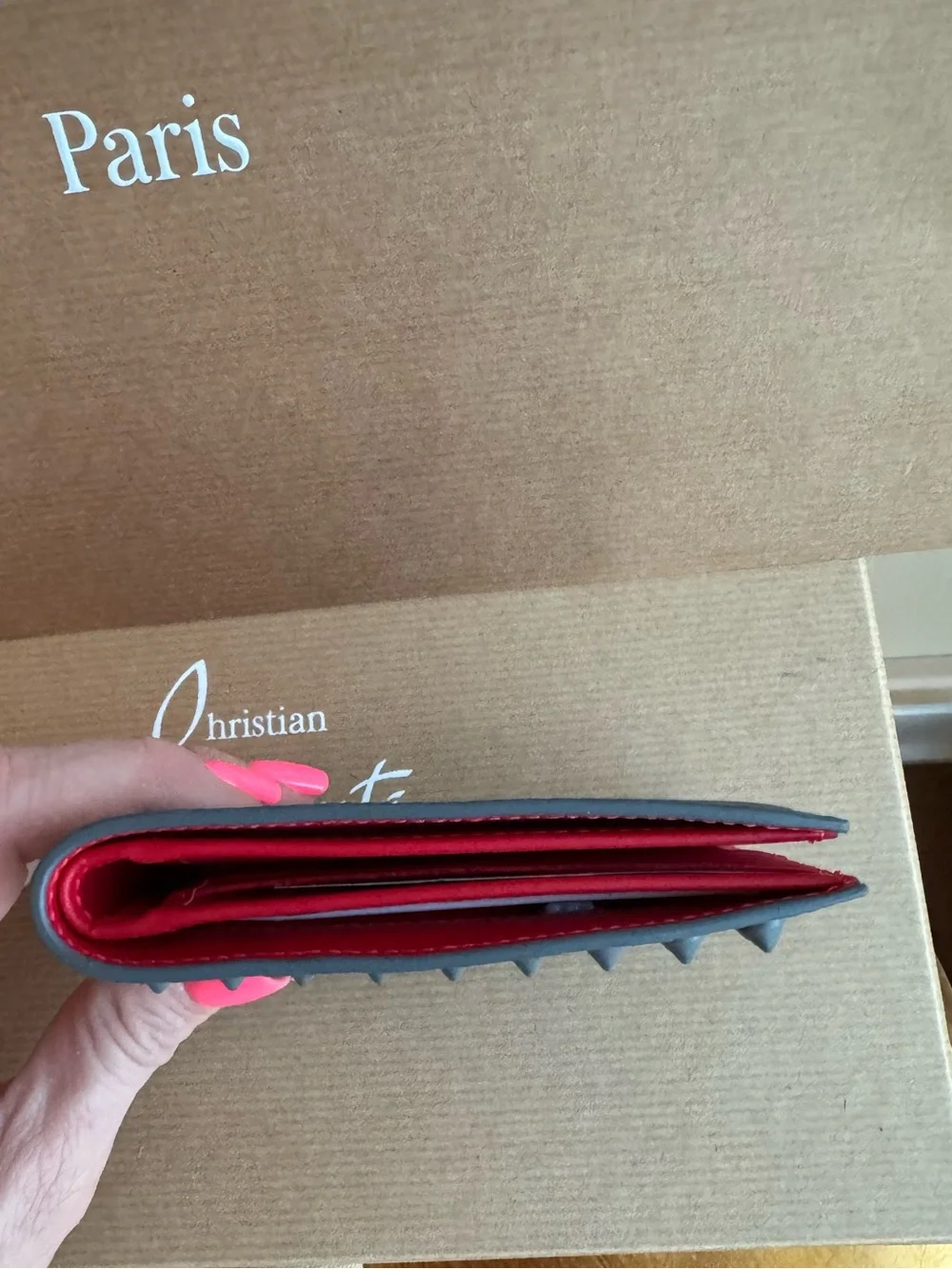 NWT Christian Louboutin Men’s Funky Studded Leather Bifold Wallet in Smoke Grey